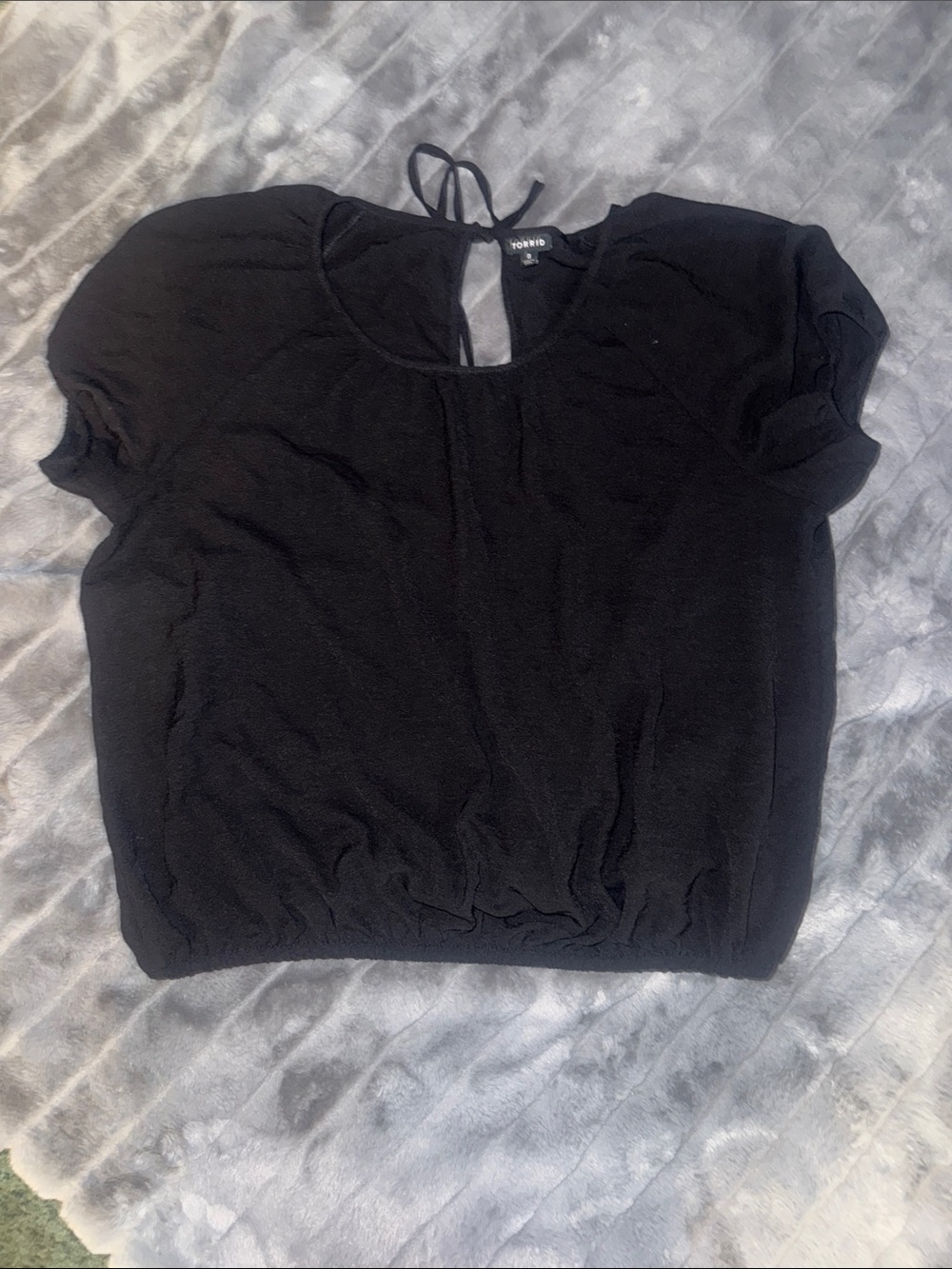 torrid Black Short Puff-Sleeve Cropped Top with Tie Back